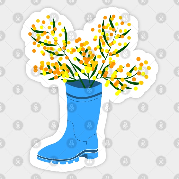 Rubber boots Wellies blue Wellington boots and mimosa flower Sticker by Cute-Design